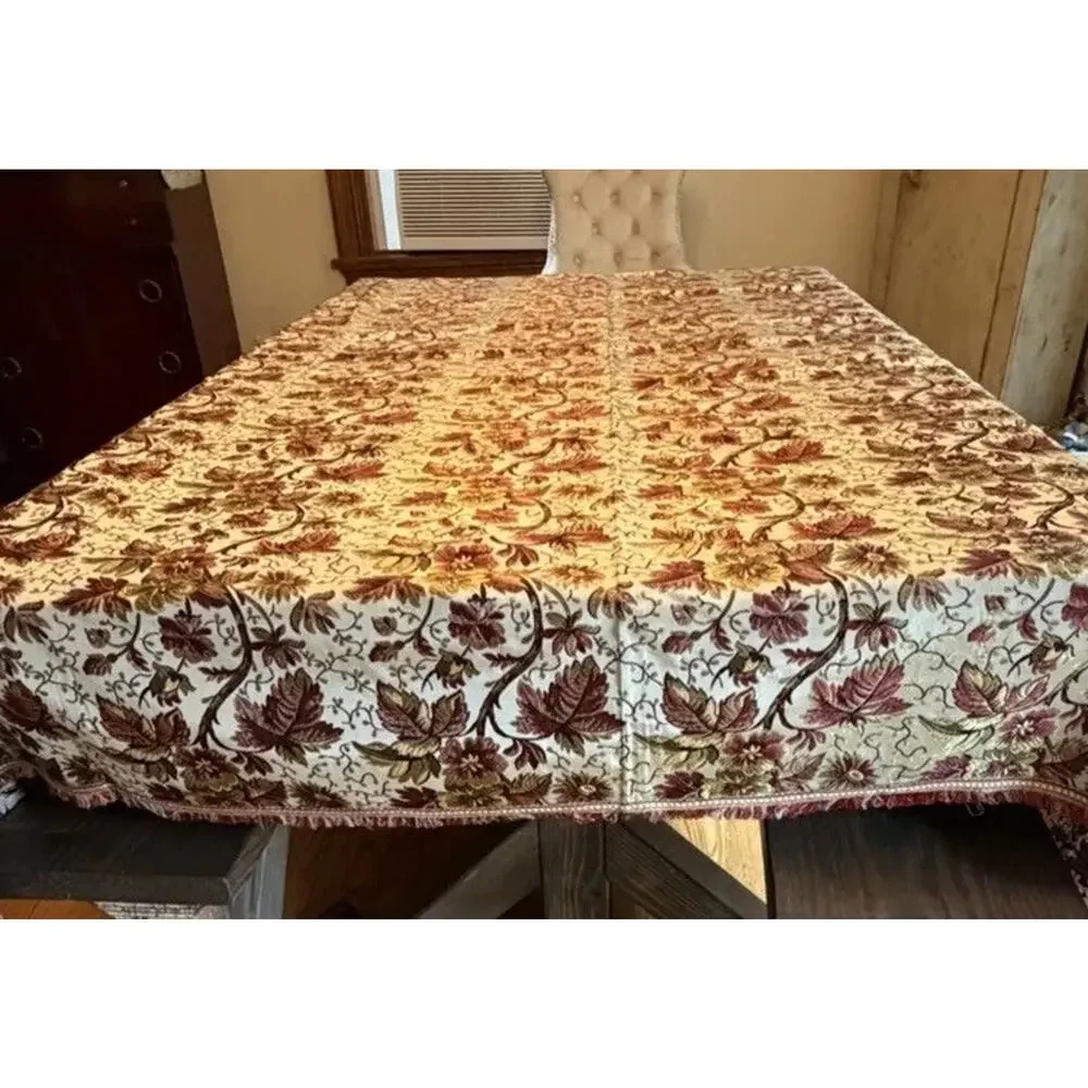 Vintage MCM Damask Fringed Tablecloth Floral Reversible Satin silk Registado AVA